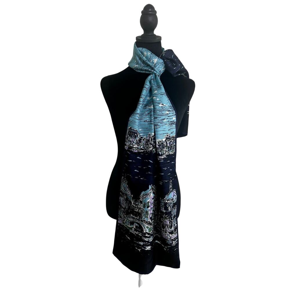 Talbots Silk Scarf Blue Venice Italy Canal Scenic Prin Oversized Luxury - Picture 7 of 11
